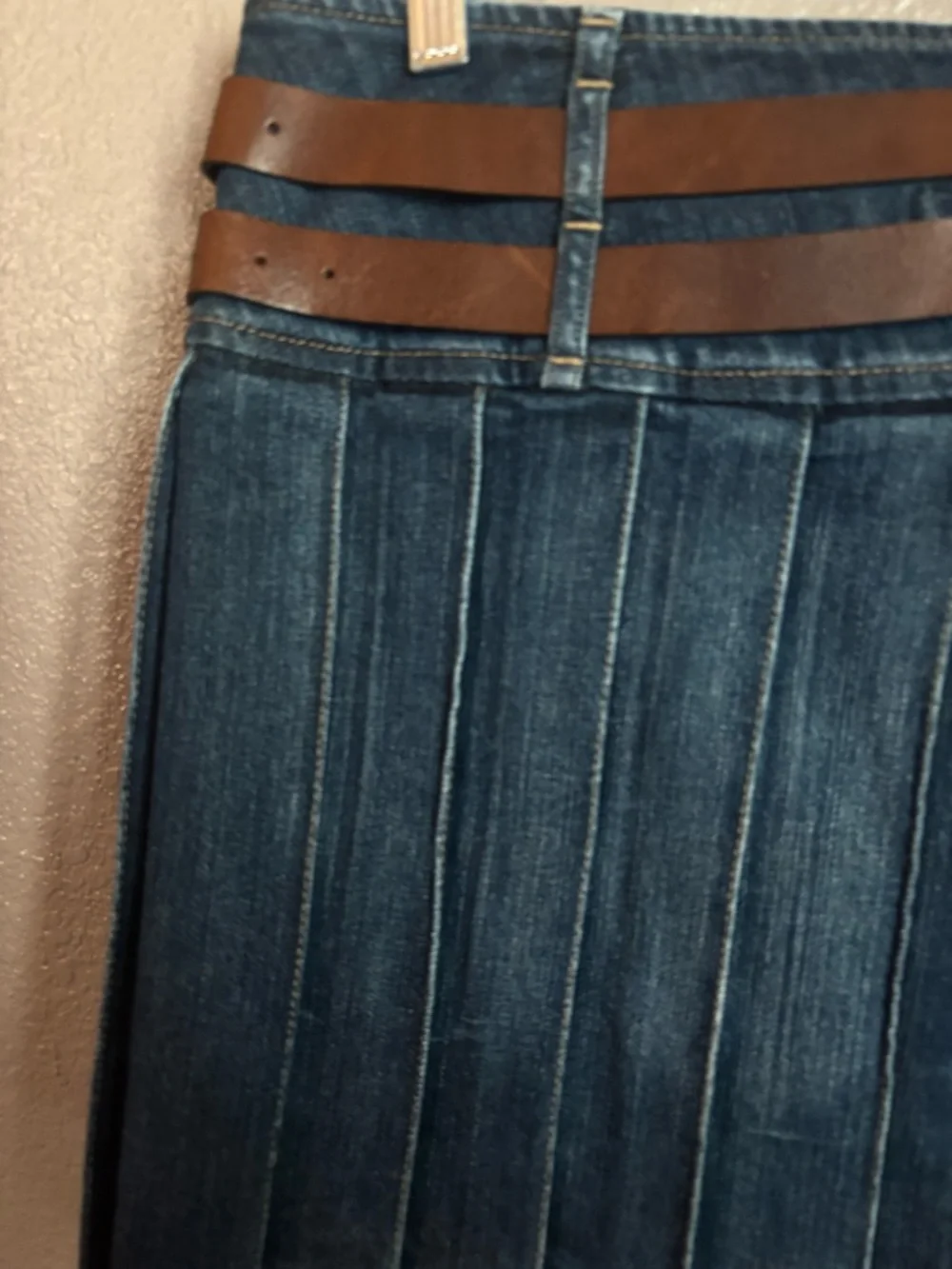 Burberry Dark Blue Denim Pleated Mini Skirt with Brown Double Belts - Picture 5 of 11